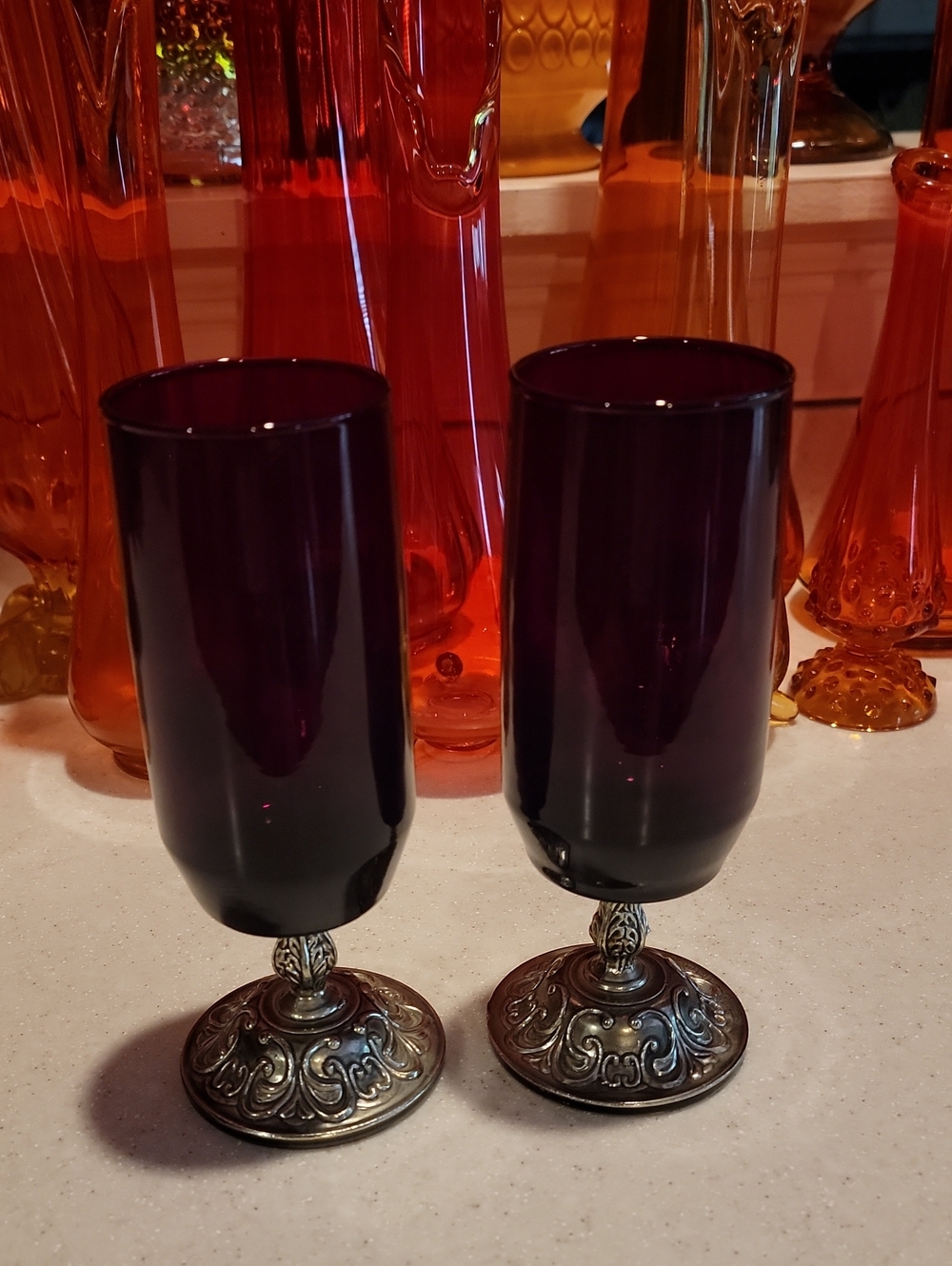 Vintage Ruby Red Goblet Pair with Ornate Gold-Tone Bases